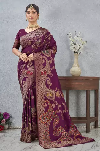wine color banarasi silk blend meenakari work saree with blouse