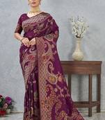 wine color banarasi silk blend meenakari work saree with blouse