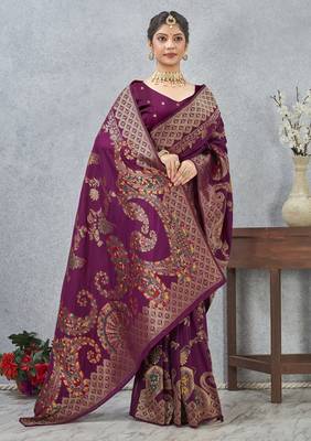 wine color banarasi silk blend meenakari work saree with blouse 2