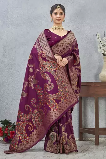wine color banarasi silk blend meenakari work saree with blouse