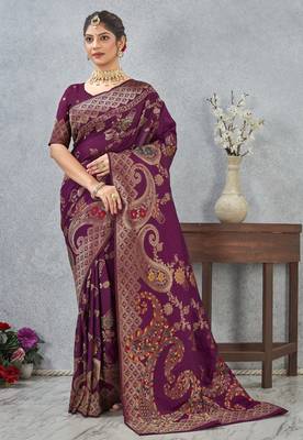 wine color banarasi silk blend meenakari work saree with blouse 3