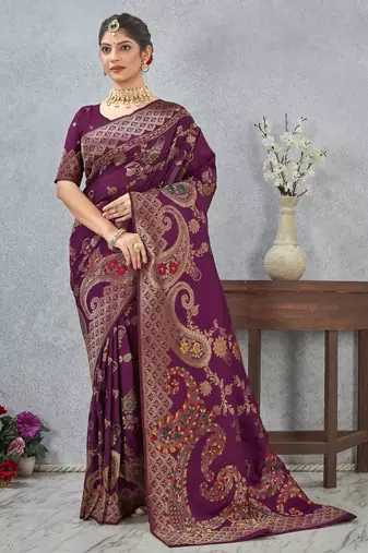 wine color banarasi silk blend meenakari work saree with blouse