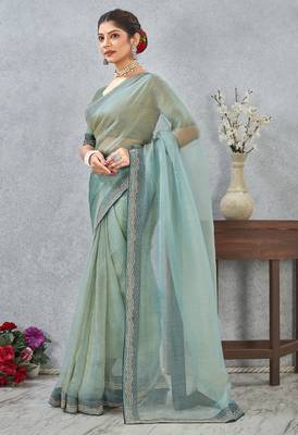 light green color zirkon work border soft silk blend saree with blouse 4