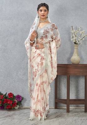 Peach color zirkon work border fendy satin digital print saree with blouse 2