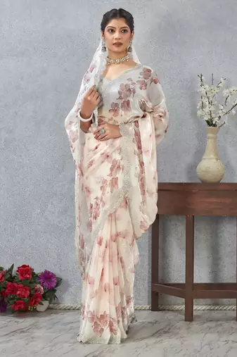 Peach color zirkon work border fendy satin digital print saree with blouse
