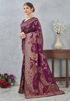 wine color banarasi silk blend meenakari work saree with blouse 4