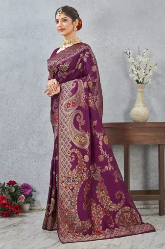 wine color banarasi silk blend meenakari work saree with blouse