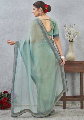 light green color zirkon work border soft silk blend saree with blouse 5