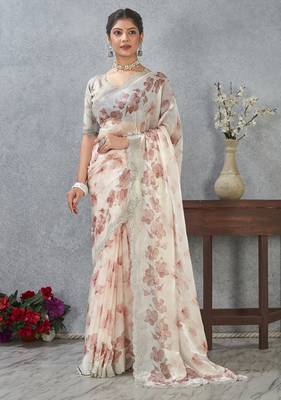Peach color zirkon work border fendy satin digital print saree with blouse 3