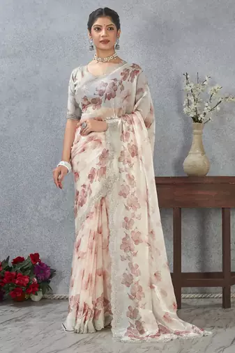 Peach color zirkon work border fendy satin digital print saree with blouse