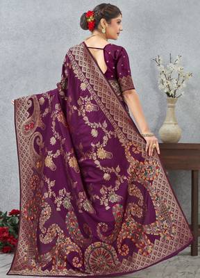 wine color banarasi silk blend meenakari work saree with blouse 5