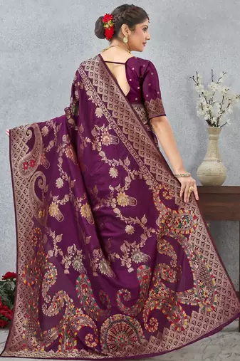 wine color banarasi silk blend meenakari work saree with blouse