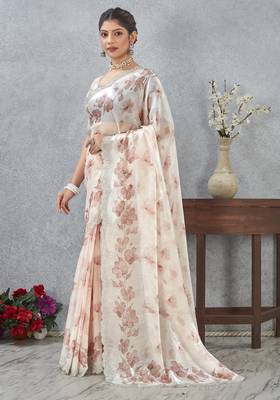 Peach color zirkon work border fendy satin digital print saree with blouse 4
