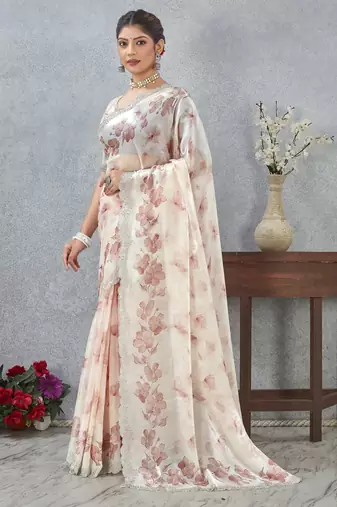 Peach color zirkon work border fendy satin digital print saree with blouse
