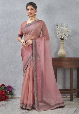 pink color zirkon work border soft silk blend saree with blouse 1
