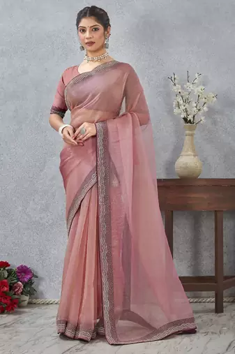 pink color zirkon work border soft silk blend saree with blouse