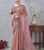pink color zirkon work border soft silk blend saree with blouse