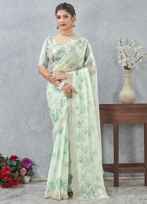 Rama green color zirkon work border fendy satin digital print saree with blouse 1