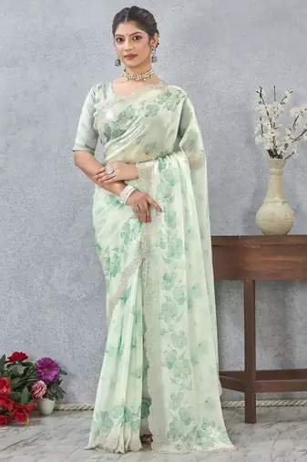 Rama green color zirkon work border fendy satin digital print saree with blouse
