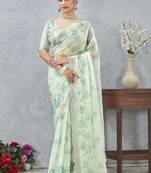 Rama green color zirkon work border fendy satin digital print saree with blouse