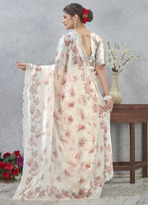 Peach color zirkon work border fendy satin digital print saree with blouse 5