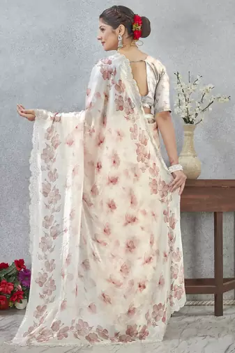 Peach color zirkon work border fendy satin digital print saree with blouse