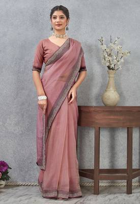 pink color zirkon work border soft silk blend saree with blouse 2