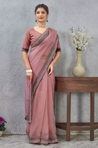 pink color zirkon work border soft silk blend saree with blouse