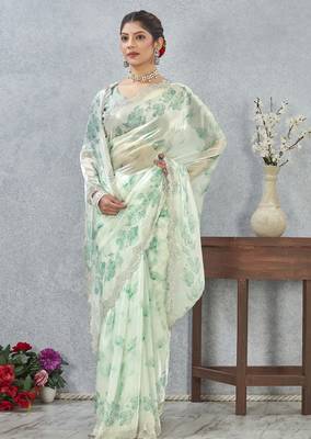 Rama green color zirkon work border fendy satin digital print saree with blouse 2