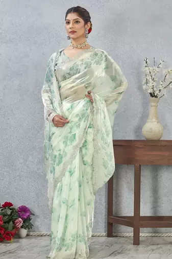 Rama green color zirkon work border fendy satin digital print saree with blouse