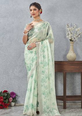 Rama green color zirkon work border fendy satin digital print saree with blouse 3