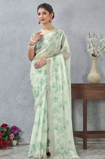 Rama green color zirkon work border fendy satin digital print saree with blouse