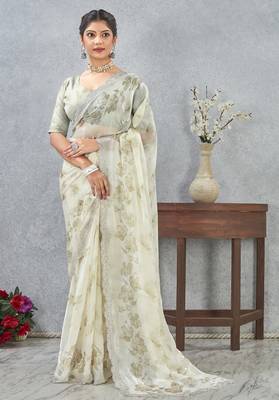 Mehandi color zirkon work border fendy satin digital print saree with blouse 1