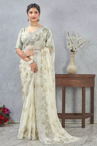 Mehandi color zirkon work border fendy satin digital print saree with blouse