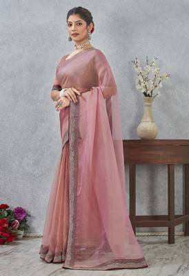pink color zirkon work border soft silk blend saree with blouse 3