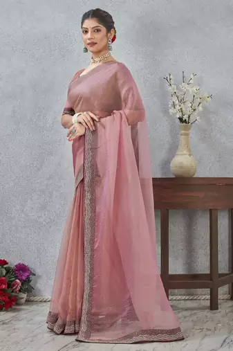 pink color zirkon work border soft silk blend saree with blouse