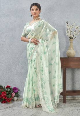 Rama green color zirkon work border fendy satin digital print saree with blouse 4