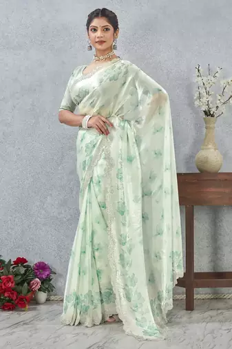 Rama green color zirkon work border fendy satin digital print saree with blouse