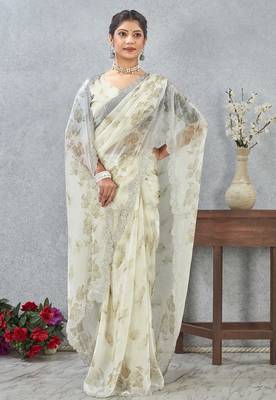 Mehandi color zirkon work border fendy satin digital print saree with blouse 2