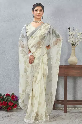 Mehandi color zirkon work border fendy satin digital print saree with blouse