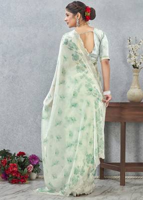 Rama green color zirkon work border fendy satin digital print saree with blouse 5