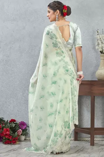 Rama green color zirkon work border fendy satin digital print saree with blouse