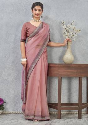 pink color zirkon work border soft silk blend saree with blouse 4