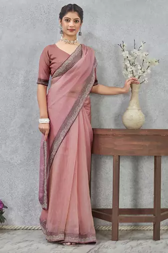 pink color zirkon work border soft silk blend saree with blouse