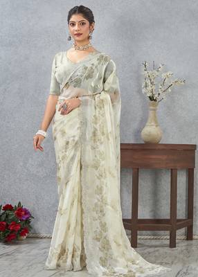 Mehandi color zirkon work border fendy satin digital print saree with blouse 3
