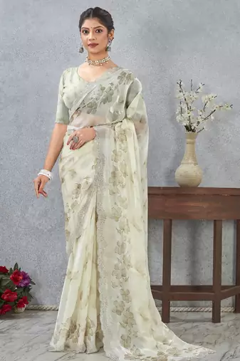 Mehandi color zirkon work border fendy satin digital print saree with blouse
