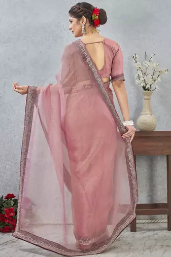 pink color zirkon work border soft silk blend saree with blouse