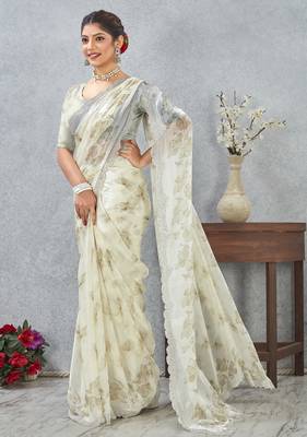 Mehandi color zirkon work border fendy satin digital print saree with blouse 4