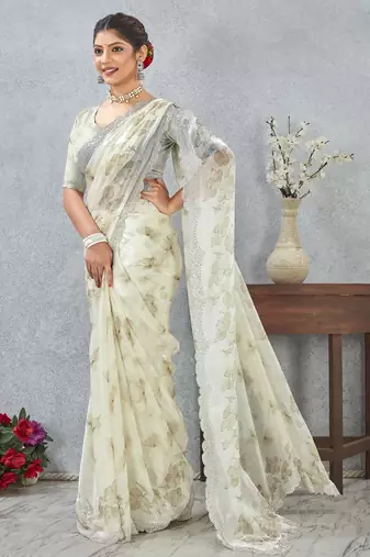 Mehandi color zirkon work border fendy satin digital print saree with blouse