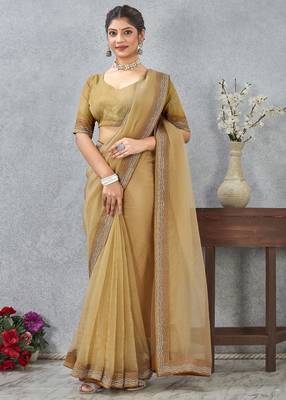 musturd color zirkon work border soft silk blend saree with blouse 1